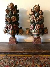 Pair Polychrome bouquets in wood 